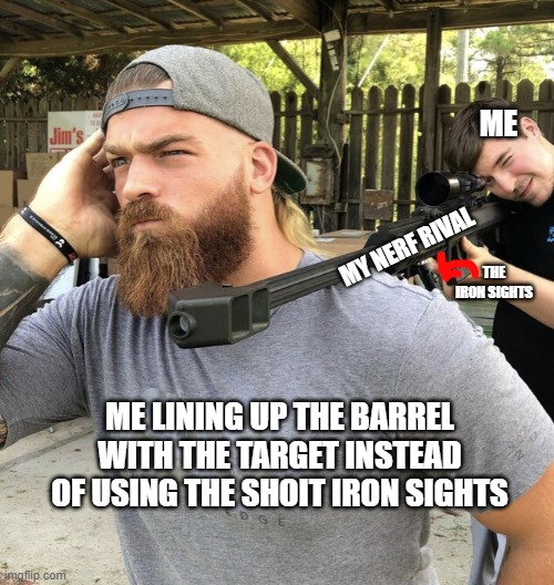 dont ask | ME; MY NERF RIVAL; THE IRON SIGHTS; ME LINING UP THE BARREL WITH THE TARGET INSTEAD OF USING THE SHOIT IRON SIGHTS | image tagged in dont ask,yee | made w/ Imgflip meme maker