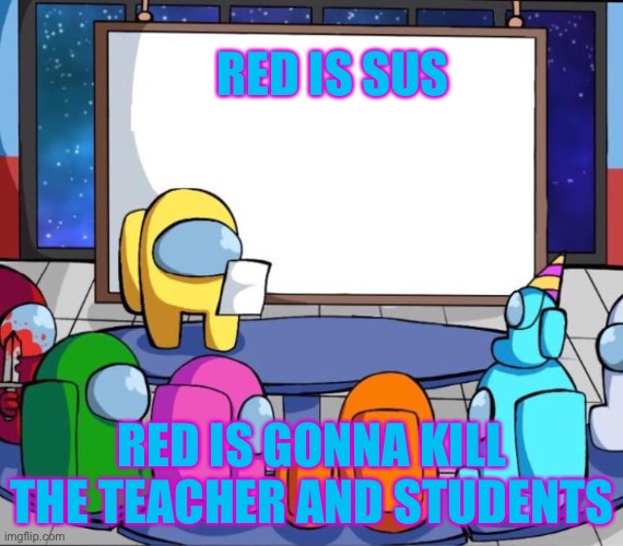 among us presentation | RED IS SUS; RED IS GONNA KILL THE TEACHER AND STUDENTS | image tagged in among us presentation | made w/ Imgflip meme maker