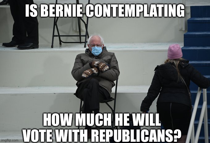After getting screwed twice, do you think Bernie migh start voting more with Republicans in Senate? | IS BERNIE CONTEMPLATING; HOW MUCH HE WILL VOTE WITH REPUBLICANS? | image tagged in bernie sitting,social distancing,from dems,vote with republicans | made w/ Imgflip meme maker