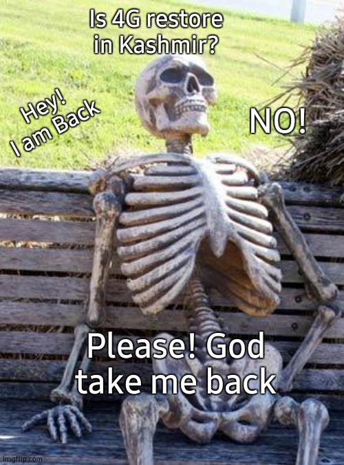 Take me back | Is 4G restore in Kashmir? Hey! I am Back; NO! Please! God take me back | image tagged in memes,waiting skeleton,back in my day,back to the future,blank colored background | made w/ Imgflip meme maker