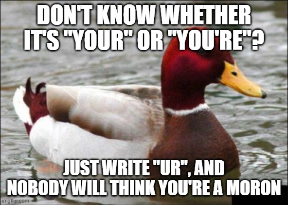 Malicious Advice Mallard Meme | DON'T KNOW WHETHER IT'S "YOUR" OR "YOU'RE"? JUST WRITE "UR", AND NOBODY WILL THINK YOU'RE A MORON | image tagged in memes,malicious advice mallard | made w/ Imgflip meme maker
