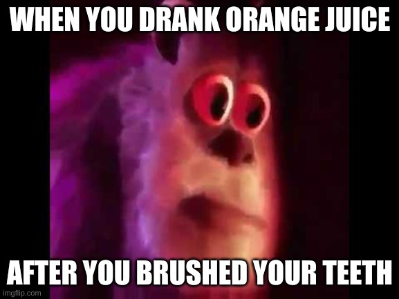 Sully Groan | WHEN YOU DRANK ORANGE JUICE; AFTER YOU BRUSHED YOUR TEETH | image tagged in sully groan | made w/ Imgflip meme maker