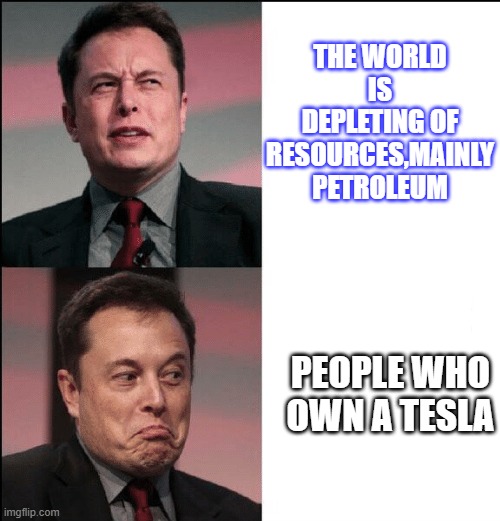 Elon Musk no maybe | THE WORLD IS DEPLETING OF RESOURCES,MAINLY PETROLEUM; PEOPLE WHO OWN A TESLA | image tagged in elon musk no maybe | made w/ Imgflip meme maker
