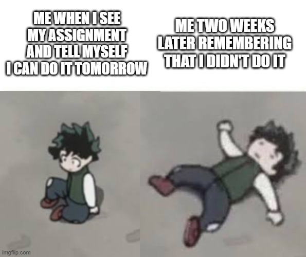 Low quality is high quality | ME WHEN I SEE MY ASSIGNMENT AND TELL MYSELF I CAN DO IT TOMORROW ME TWO WEEKS LATER REMEMBERING THAT I DIDN'T DO IT | image tagged in deku low quality | made w/ Imgflip meme maker