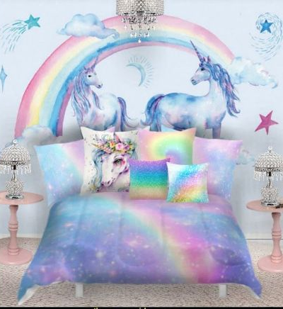 Unicorn and rainbow themed hotel room Blank Meme Template