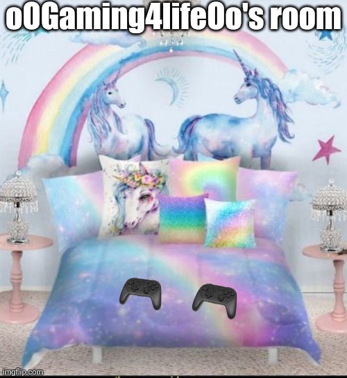 Unicorn and rainbow themed hotel room | oOGaming4lifeOo's room | image tagged in unicorn and rainbow themed hotel room | made w/ Imgflip meme maker