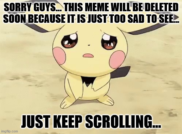 Ignore this... It will be deleted soon... | SORRY GUYS... THIS MEME WILL BE DELETED SOON BECAUSE IT IS JUST TOO SAD TO SEE... JUST KEEP SCROLLING... | image tagged in sad pichu,memes,funny,sad,pichu,gifs | made w/ Imgflip meme maker