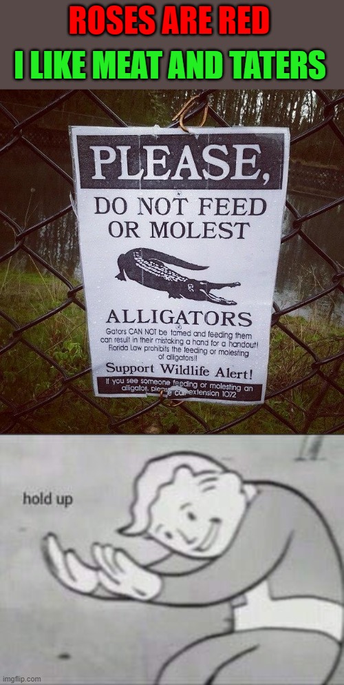 There's some really brave and stupid people out there... | ROSES ARE RED; I LIKE MEAT AND TATERS | image tagged in fallout hold up,memes,funny signs,alligators,funny,rhymes | made w/ Imgflip meme maker