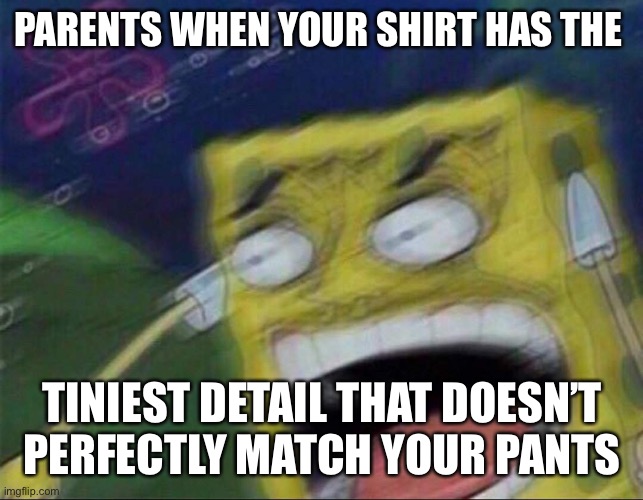 Why I Never Wear Certain Pairs of Pants | PARENTS WHEN YOUR SHIRT HAS THE; TINIEST DETAIL THAT DOESN’T PERFECTLY MATCH YOUR PANTS | image tagged in spongebob,parents,clothes | made w/ Imgflip meme maker