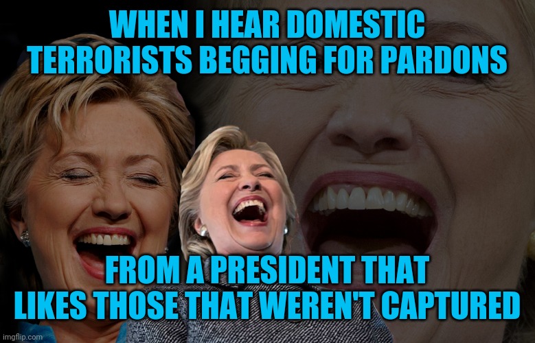 Hillary Clinton laughing | WHEN I HEAR DOMESTIC TERRORISTS BEGGING FOR PARDONS; FROM A PRESIDENT THAT LIKES THOSE THAT WEREN'T CAPTURED | image tagged in hillary clinton laughing | made w/ Imgflip meme maker