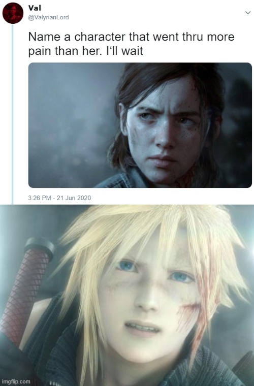 I'm sorry Cloud | image tagged in name one character who went through more pain than her | made w/ Imgflip meme maker