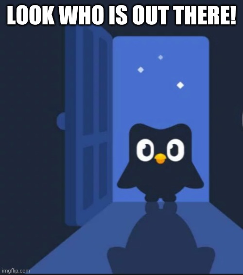Duolingo bird | LOOK WHO IS OUT THERE! | image tagged in duolingo bird | made w/ Imgflip meme maker