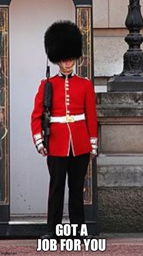 Queen's Guard | GOT A JOB FOR YOU | image tagged in queen's guard | made w/ Imgflip meme maker