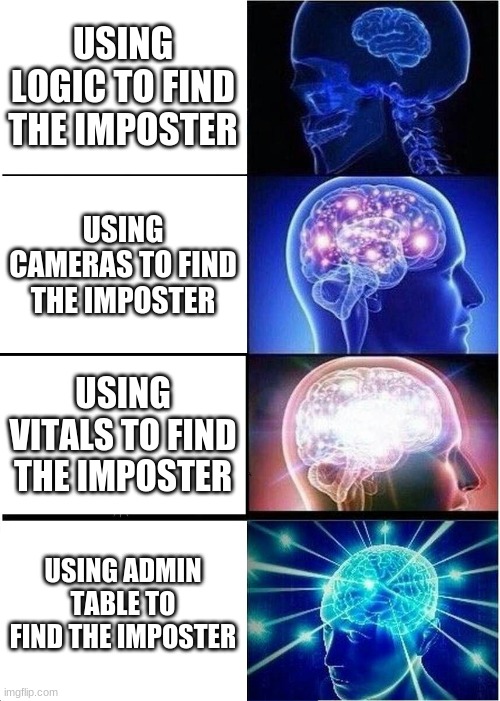 Expanding Brain | USING LOGIC TO FIND THE IMPOSTER; USING CAMERAS TO FIND THE IMPOSTER; USING VITALS TO FIND THE IMPOSTER; USING ADMIN TABLE TO FIND THE IMPOSTER | image tagged in memes,expanding brain | made w/ Imgflip meme maker