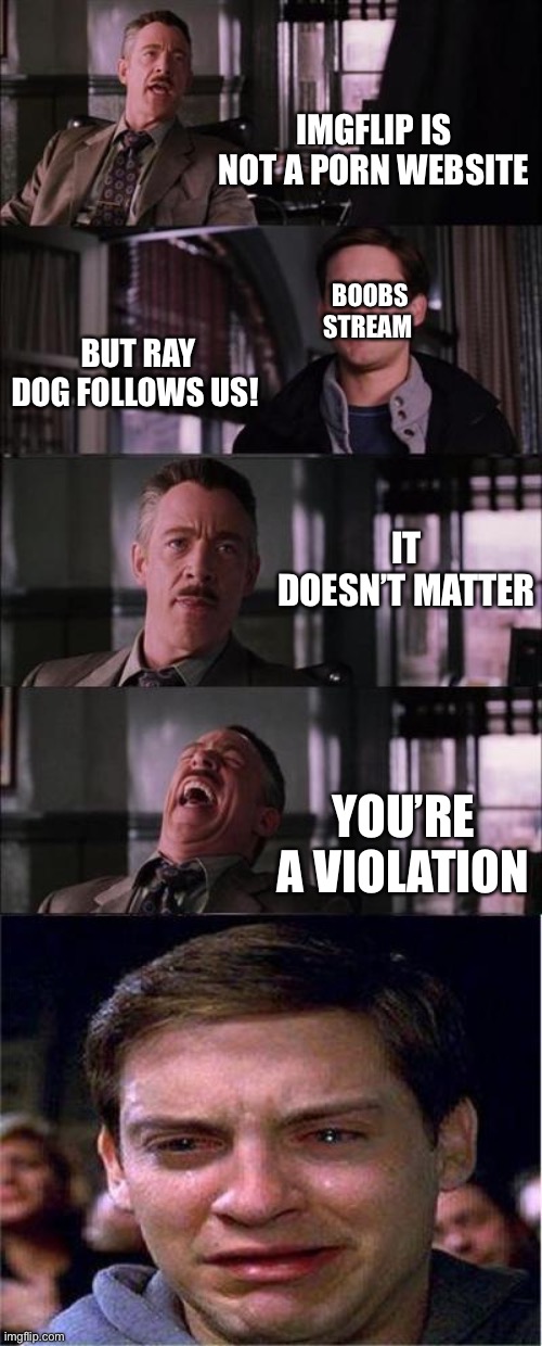 Please post your boobs pics somewhere else | IMGFLIP IS NOT A PORN WEBSITE; BOOBS STREAM; BUT RAY DOG FOLLOWS US! IT DOESN’T MATTER; YOU’RE A VIOLATION | image tagged in memes,peter parker cry | made w/ Imgflip meme maker