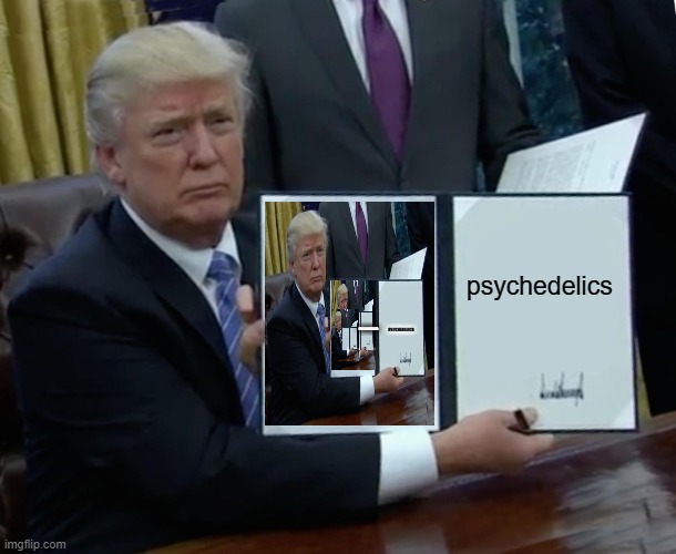 psychedelics | psychedelics; PSYCHEDELICS; PSYCHEDELICS | image tagged in memes,trump bill signing | made w/ Imgflip meme maker