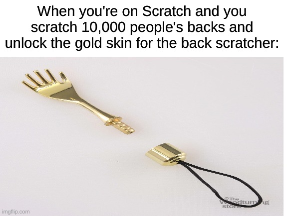 Scratch's New Addition | When you're on Scratch and you scratch 10,000 people's backs and unlock the gold skin for the back scratcher: | image tagged in meme,gold skin | made w/ Imgflip meme maker