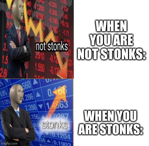 Literal Meme Man Memes 3! | WHEN YOU ARE NOT STONKS:; WHEN YOU ARE STONKS: | image tagged in stonks not stonks | made w/ Imgflip meme maker