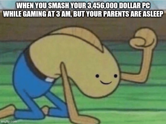 Fred the Fish hitting the floor and smiling | WHEN YOU SMASH YOUR 3,456,000 DOLLAR PC WHILE GAMING AT 3 AM, BUT YOUR PARENTS ARE ASLEEP | image tagged in fred the fish hitting the floor and smiling | made w/ Imgflip meme maker