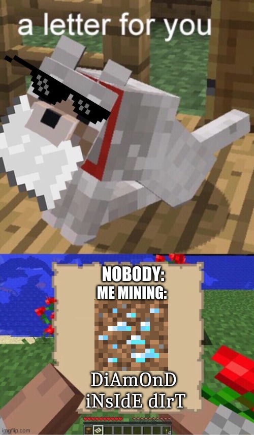 its true though | NOBODY:; ME MINING:; DiAmOnD    iNsIdE dIrT | image tagged in minecraft mail | made w/ Imgflip meme maker