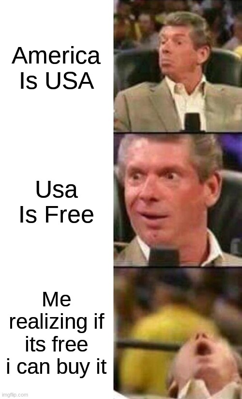Vince McMahon  | America Is USA; Usa Is Free; Me realizing if its free i can buy it | image tagged in vince mcmahon | made w/ Imgflip meme maker