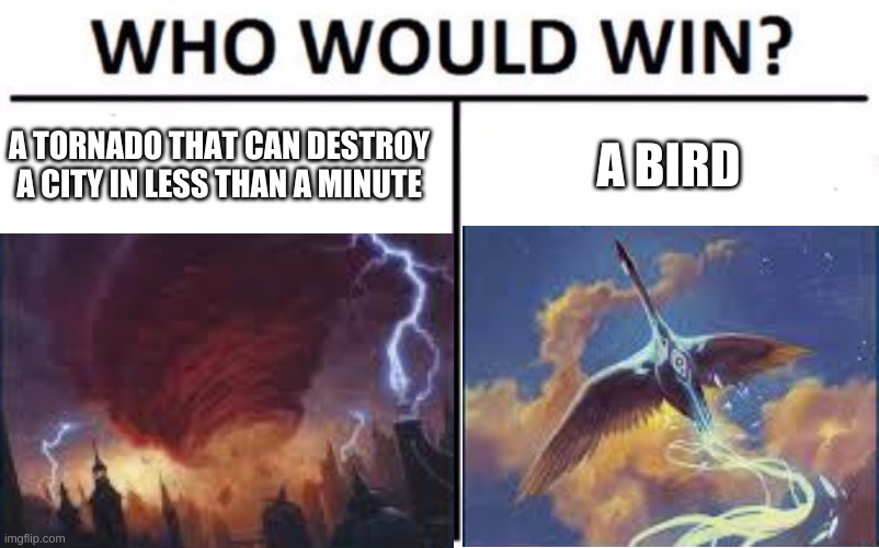 counter spells be like | A TORNADO THAT CAN DESTROY A CITY IN LESS THAN A MINUTE; A BIRD | image tagged in conspiracy | made w/ Imgflip meme maker