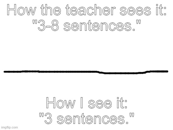 Literally every student | How the teacher sees it:
"3-8 sentences."; How I see it:
"3 sentences." | image tagged in blank white template,memes,funny memes,school | made w/ Imgflip meme maker