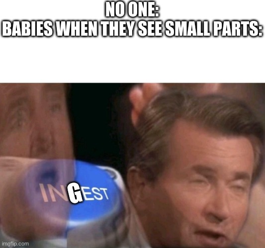 Invest | NO ONE:
BABIES WHEN THEY SEE SMALL PARTS:; G | image tagged in invest | made w/ Imgflip meme maker