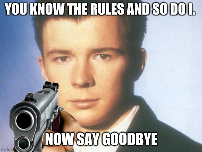 You know the rules and so do I. SAY GOODBYE. | YOU KNOW THE RULES AND SO DO I. NOW SAY GOODBYE | image tagged in you know the rules and so do i say goodbye | made w/ Imgflip meme maker