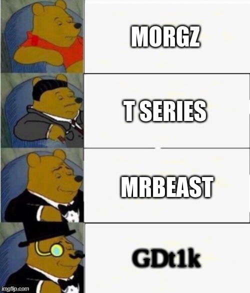 Best youtubers of all time | MORGZ; T SERIES; MRBEAST; GDt1k | image tagged in tuxedo winnie the pooh 4 panel | made w/ Imgflip meme maker