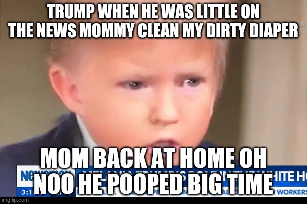 TRUMP WHEN HE WAS LITTLE ON THE NEWS MOMMY CLEAN MY DIRTY DIAPER; MOM BACK AT HOME OH NOO HE POOPED BIG TIME | image tagged in donald trump | made w/ Imgflip meme maker