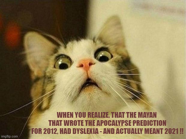 Is the worst still to come ??? | WHEN YOU REALIZE, THAT THE MAYAN 
THAT WROTE THE APOCALYPSE PREDICTION
FOR 2012, HAD DYSLEXIA - AND ACTUALLY MEANT 2021 !! | image tagged in memes,scared cat,prophecy,funny,apocalypse,maya | made w/ Imgflip meme maker