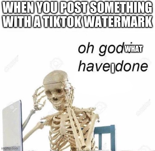 oh god what did i do | WHEN YOU POST SOMETHING WITH A TIKTOK WATERMARK; WHAT; I | image tagged in oh god i have done it again,tiktok | made w/ Imgflip meme maker