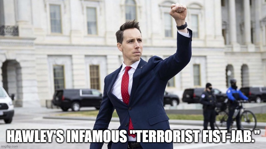 Hawley's infamous "terrorist fist-jab." | HAWLEY'S INFAMOUS "TERRORIST FIST-JAB." | image tagged in hawley,terrorism | made w/ Imgflip meme maker
