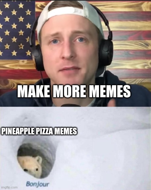 MAKE MORE MEMES; PINEAPPLE PIZZA MEMES | image tagged in bonjour bear | made w/ Imgflip meme maker