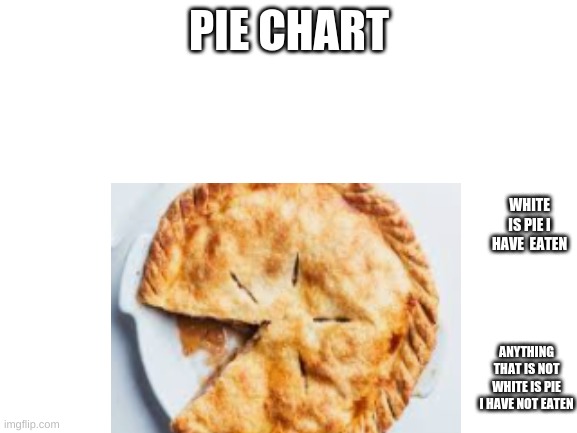 pie chart or something | PIE CHART; WHITE IS PIE I HAVE  EATEN; ANYTHING THAT IS NOT WHITE IS PIE I HAVE NOT EATEN | image tagged in pie charts,charts,pie | made w/ Imgflip meme maker