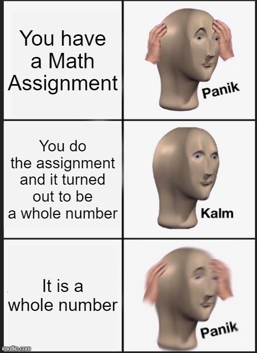 Math assignments be like | You have a Math Assignment; You do the assignment and it turned out to be a whole number; It is a whole number | image tagged in memes,panik kalm panik | made w/ Imgflip meme maker