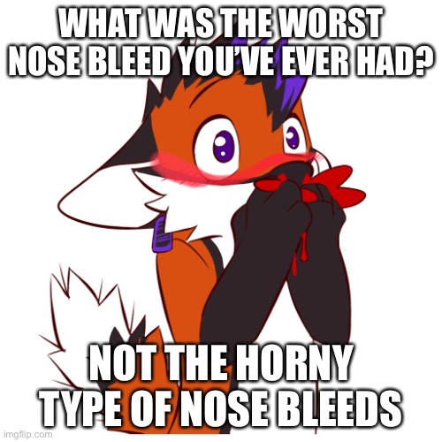 Furry Nose Bleed | WHAT WAS THE WORST NOSE BLEED YOU’VE EVER HAD? NOT THE HORNY TYPE OF NOSE BLEEDS | image tagged in furry nose bleed | made w/ Imgflip meme maker