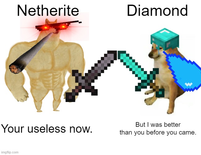 Buff Doge vs. Cheems Meme | Netherite; Diamond; Your useless now. But I was better than you before you came. | image tagged in memes,buff doge vs cheems | made w/ Imgflip meme maker