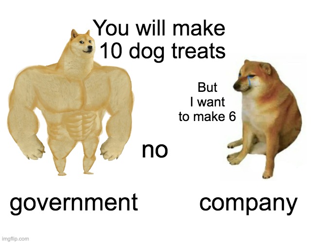 Buff Doge vs. Cheems | You will make 
10 dog treats; But I want to make 6; no; government; company | image tagged in memes,buff doge vs cheems | made w/ Imgflip meme maker