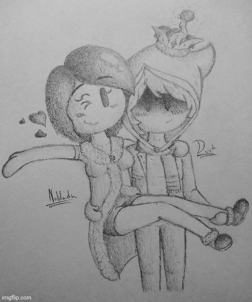 A drawing I made of Nublada (My OC) and Dust (Yayeeeeeeet45rblx's OC). I just wanted to make something cute :3 | image tagged in nublada,drawing,my proportions are so damn bad,go follow yayeeeeeeet45rblx they're real nice,princevince64 | made w/ Imgflip meme maker