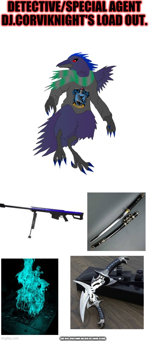 Special Agent and Detective DJ Corviknight reporting for duty. (Can I have the Special Agent and Detective ranks?) | DETECTIVE/SPECIAL AGENT DJ.CORVIKNIGHT'S LOAD OUT. SIDE NOTE: CYAN FLAMES ARE USED AS A MAGIC ATTACK. | made w/ Imgflip meme maker