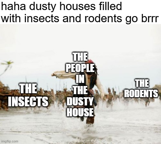 Jack Sparrow Being Chased Meme | haha dusty houses filled with insects and rodents go brrr; THE PEOPLE IN THE DUSTY HOUSE; THE RODENTS; THE INSECTS | image tagged in memes,jack sparrow being chased | made w/ Imgflip meme maker