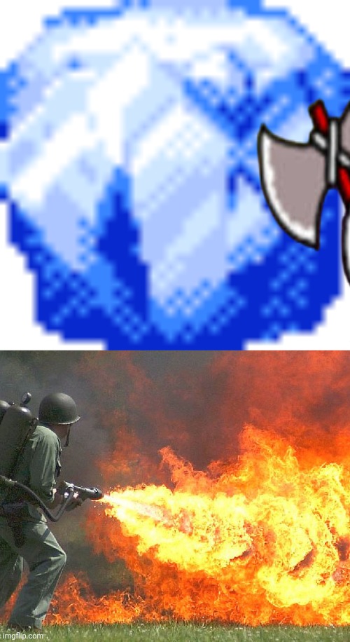 image tagged in ice block,flamethrower | made w/ Imgflip meme maker