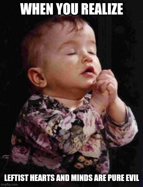 Baby Praying | WHEN YOU REALIZE LEFTIST HEARTS AND MINDS ARE PURE EVIL | image tagged in baby praying | made w/ Imgflip meme maker