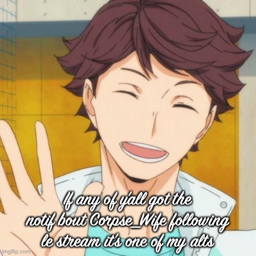 Oikawa | If any of y’all got the notif  bout Corpse_Wife following le stream it’s one of my alts | image tagged in oikawa | made w/ Imgflip meme maker