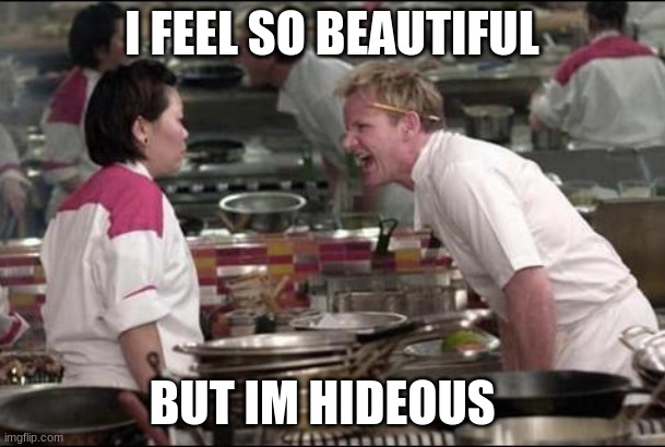 Angry Chef Gordon Ramsay Meme | I FEEL SO BEAUTIFUL BUT IM HIDEOUS | image tagged in memes,angry chef gordon ramsay | made w/ Imgflip meme maker