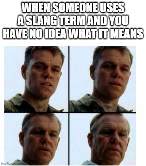 Matt Damon gets older | WHEN SOMEONE USES A SLANG TERM AND YOU HAVE NO IDEA WHAT IT MEANS | image tagged in matt damon gets older,old,pop culture,slang | made w/ Imgflip meme maker