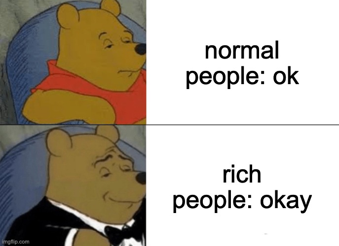 Tuxedo Winnie The Pooh Meme | normal people: ok; rich people: okay | image tagged in memes,tuxedo winnie the pooh | made w/ Imgflip meme maker
