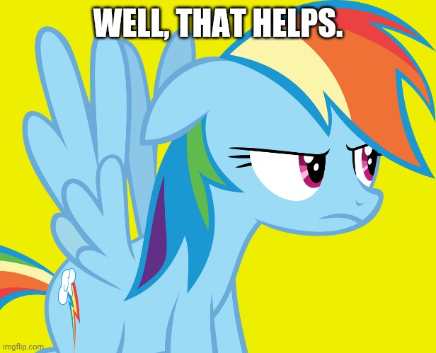 Annoyed Rainbow Dash (MLP) | WELL, THAT HELPS. | image tagged in annoyed rainbow dash mlp | made w/ Imgflip meme maker